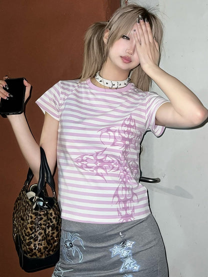 Dark Blue/Light Purple Stripe Pattern Cross Print Top