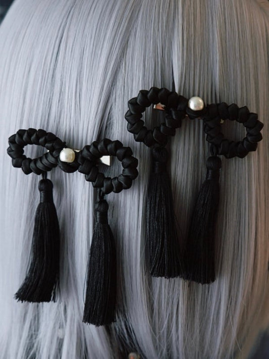 Black Gothic Beaded Decorated Tassels Design Bowknot Hairclips