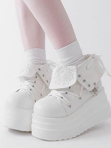 White Punk Spider Print Platform Sneakers