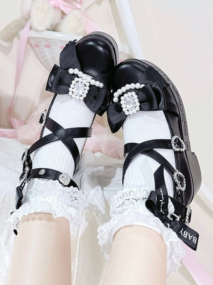 Jirai Kei Matte Black Beaded And Rhinestone Decorated Bow at Top Platform High Block Heels