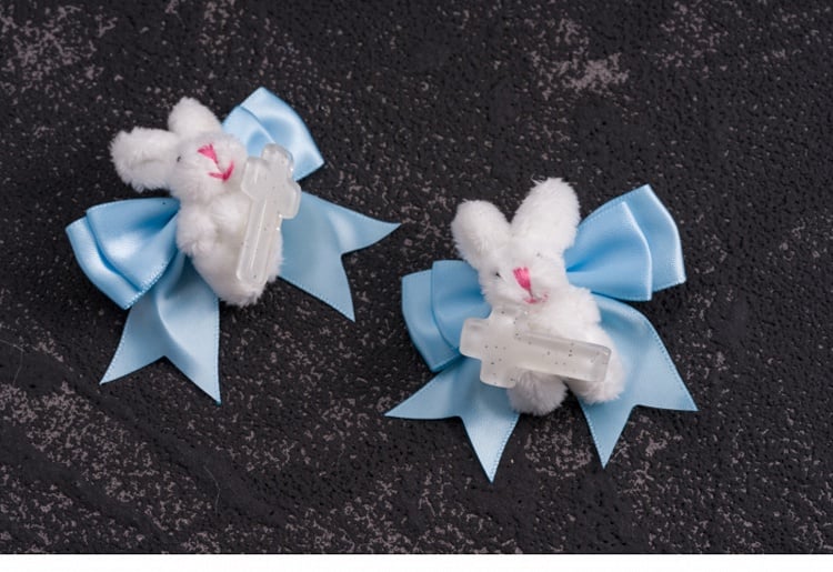Handmade Plush Bunnies White and Blue Bowknot Hairclips