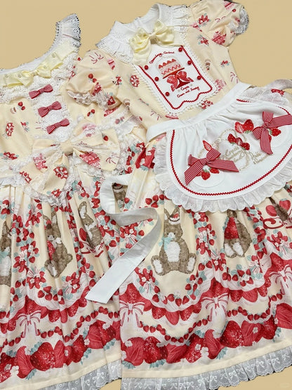 Red Strawberry Embroidery Bowknots Decorated Self-tie Apron