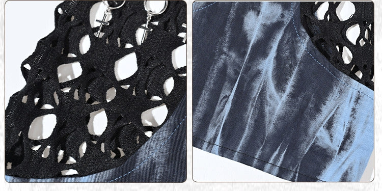 Grunge Punk Rock Mesh Patchwork Blue and Black Tie Dye Leg Warmers PU Straps with Chains Design