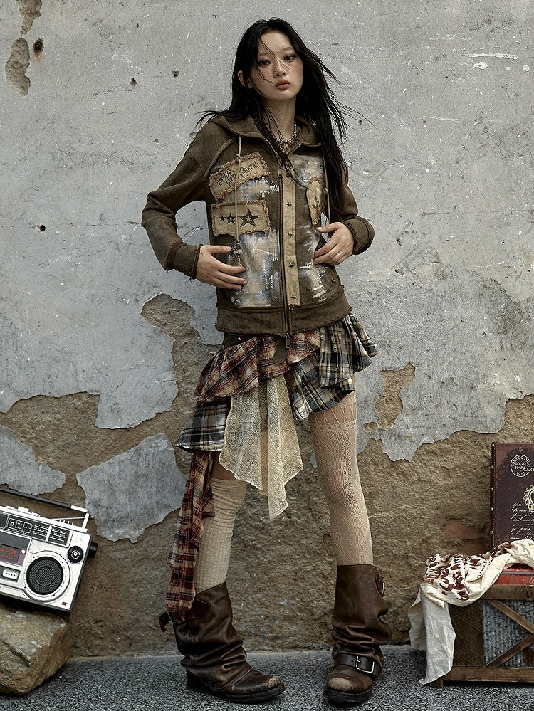 Sweetheart Applique Brown Gothic Punk Distressed Zip Hoodie with Studs