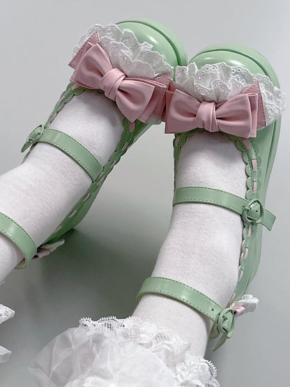 Apple Green Bow at Top Lace Trim Heart Buckles Platforms