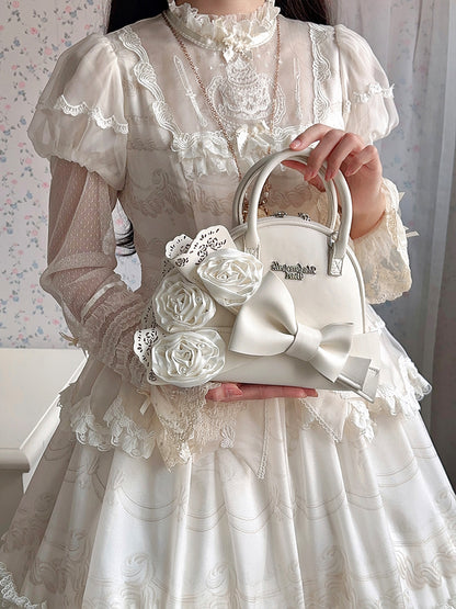 Creamy White Roses Big Bowknot Shell Bag