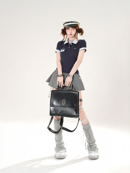 Preppy Style Red/Navy Blue Polo Collar Slim-fitting T-shirt