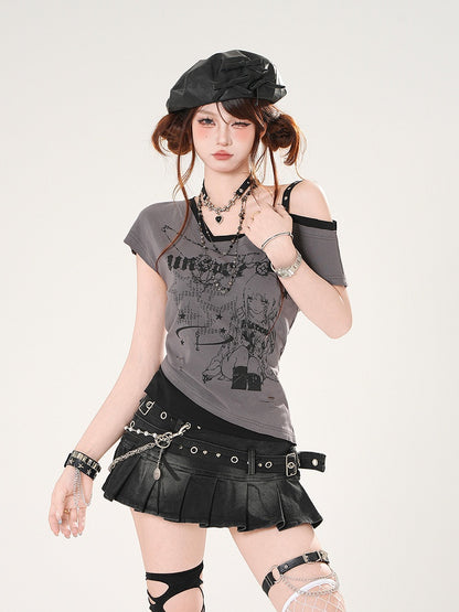 Anime Girl Print Gray/White Asymmetrical Neckline Slim-fitting T-shirt