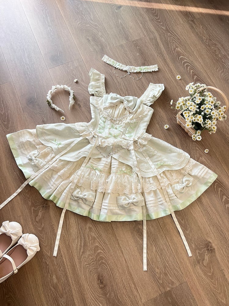 Bowknots and Beads Decoration Mint Green Flutter Sleeves Balletcore Sweet Lolita Jumper Skirt