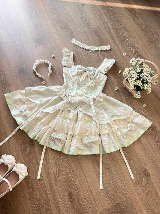 Bowknots and Beads Decoration Mint Green Flutter Sleeves Balletcore Sweet Lolita Jumper Skirt