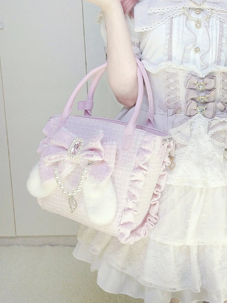 Pink Elegant Lolita Shoulder/Crossbody/Handbag - Plush Bunny Ear Bow, Rhinestone Heart & Beaded Chain Charm