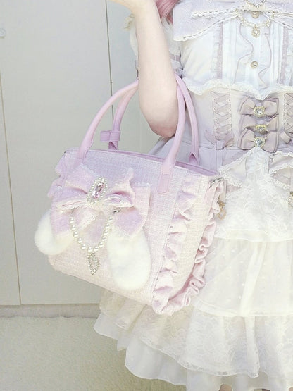 Pink Elegant Lolita Shoulder/Crossbody/Handbag - Plush Bunny Ear Bow, Rhinestone Heart & Beaded Chain Charm