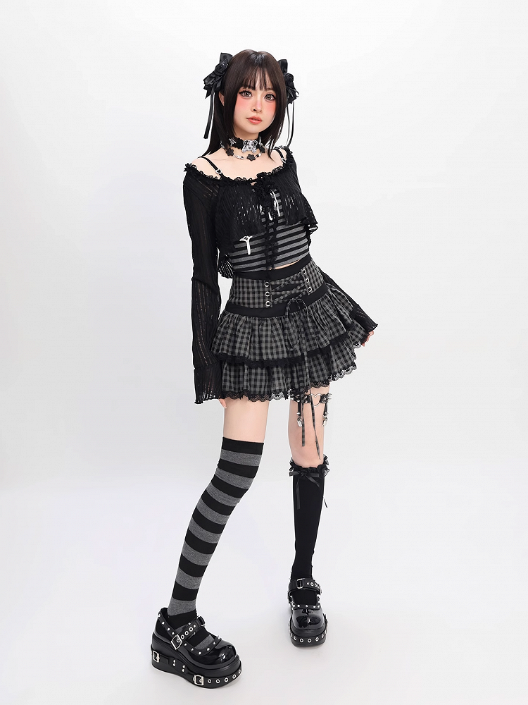 Black and Gray Plaid Lace-up Waist Tiered Skirt