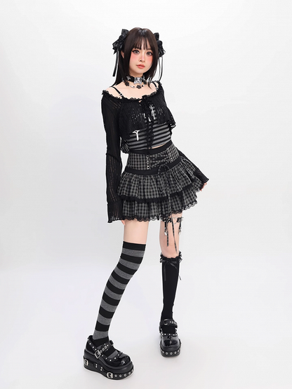 Y2K Black Striped Cami Top with Self-tie Cropped Coverup Set