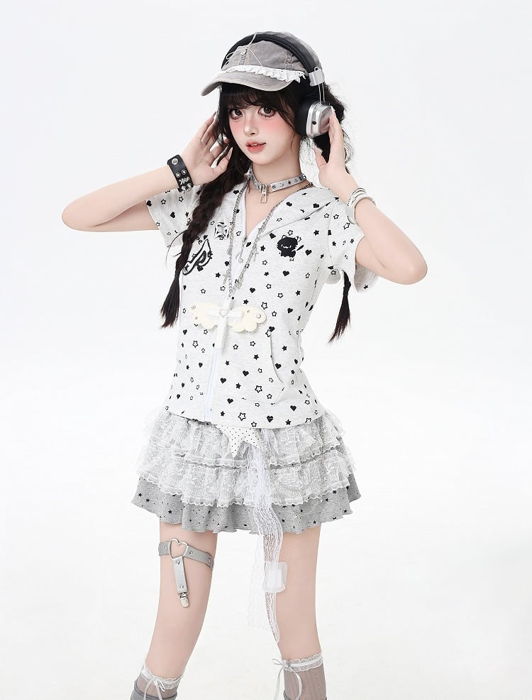 Y2K Kitty Ears Hood Allover Star and Heart Print Off White/Black Zip-up Jacket