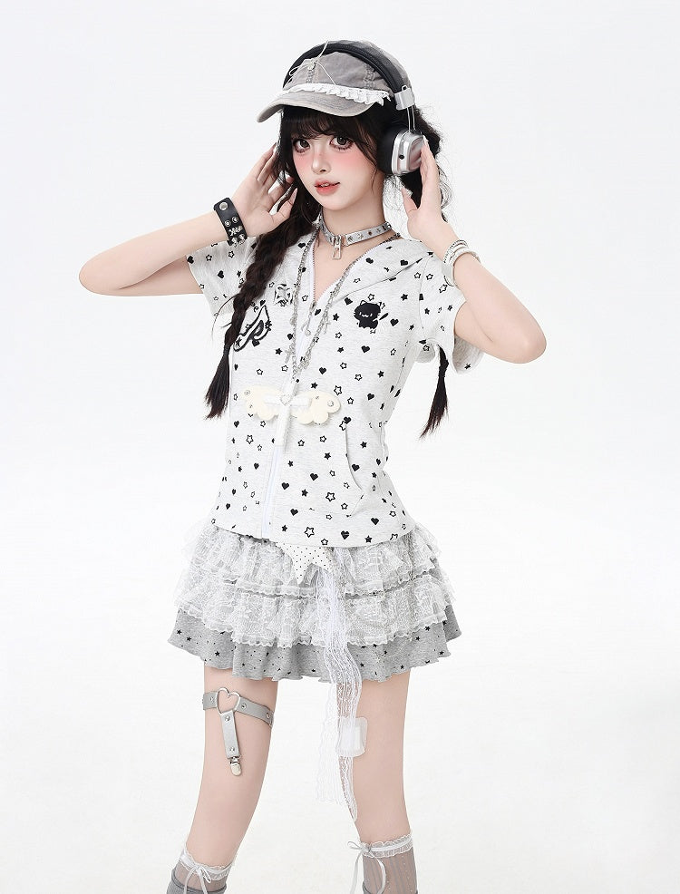 Y2K Kitty Ears Hood Allover Star and Heart Print Off White/Black Zip-up Jacket