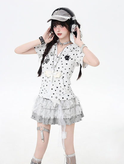 Y2K Kitty Ears Hood Allover Star and Heart Print Off White/Black Zip-up Jacket