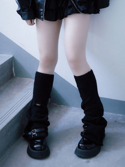 PU Buckles Gothic Black Distressed Holes Leg Warmers