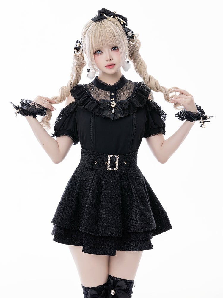 Jirai Kei Black Illusion Neckline Cutout Shoulder Short Sleeve Blouse with Free Bowtie