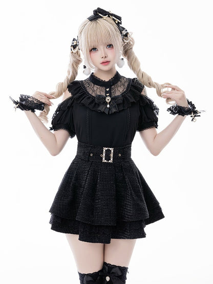 Jirai Kei Black Illusion Neckline Cutout Shoulder Short Sleeve Blouse with Free Bowtie