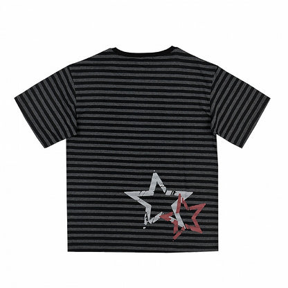 Black & Gray Stripe Pattern Skeleton Print T-shirt