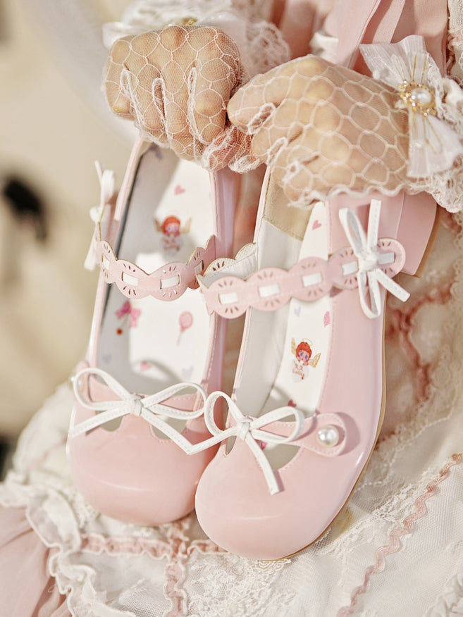 Pink Beaded Decorated Knotted Bow at Top Round Toe Lolita Shoes
