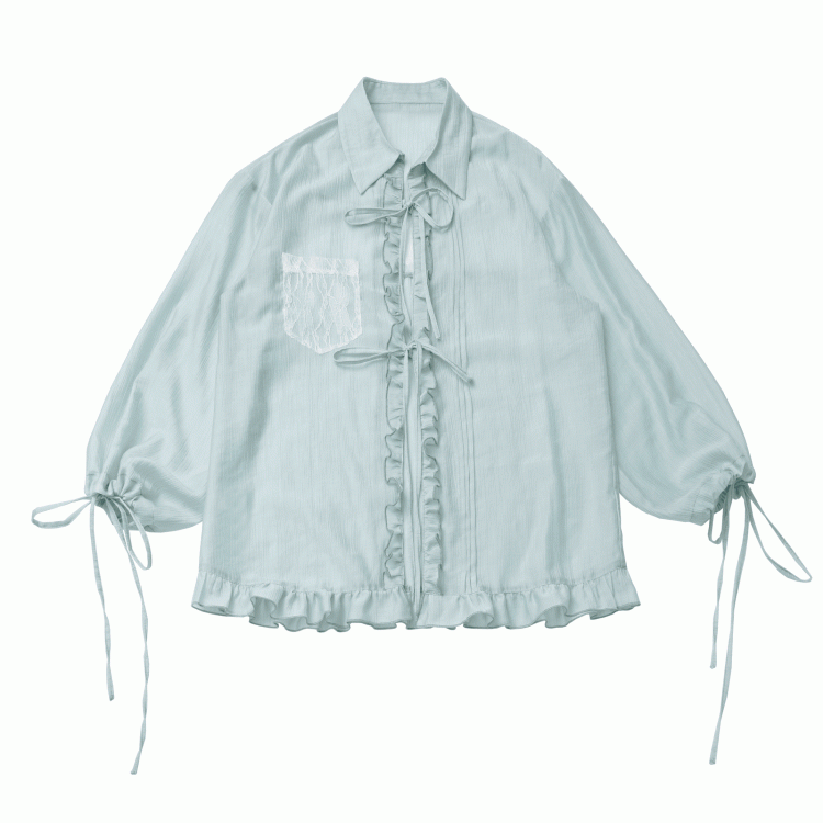Mint Green Self-tie Bowknots Placket Drawstring Cuffs Ruffled Trim Shirt