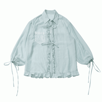 Mint Green Self-tie Bowknots Placket Drawstring Cuffs Ruffled Trim Shirt