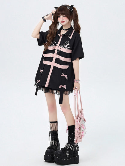 Bowknot Details Black Cyberpunk Short Sleeves Shirt