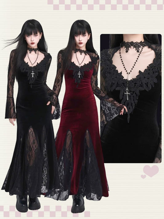 Black/Wine Red Gothic Lace Bell Sleeves Velvet  Mermaid Dress