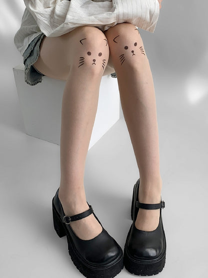 Nude Cat Print Sheer Tights