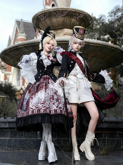 Ouji Fashion Lolita Knight Outfit - Black Long Sleeves Top + White One-shoulder Cape Tailcoat
