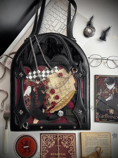 2 Ways Gothic Cage Shape Small Capacity Black & Red Ita Crossbody Bag - Dark Aesthetic