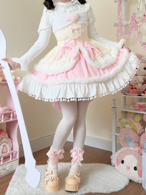 Plush Trimming Yellow Sweet Lolita Dress for Autumn and Winter