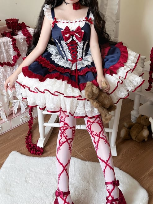 Dark Blue and Red Corset Waist Tiered Ruffle Skirt Sweet Lolita Dress Snow White Vibes