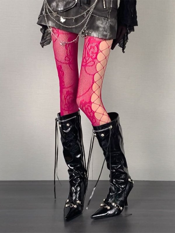 5 Color Options Wasteland Punk Cut-out Design Floral Pattern Tights