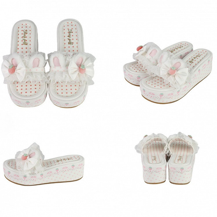 White Sweet Lolita Bow Accents Lace Trim Plush Bunny Ear Platform Slippers