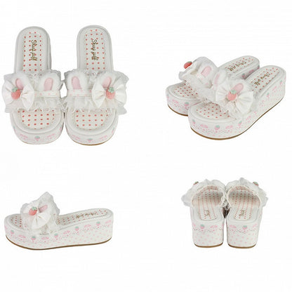 White Sweet Lolita Bow Accents Lace Trim Plush Bunny Ear Platform Slippers