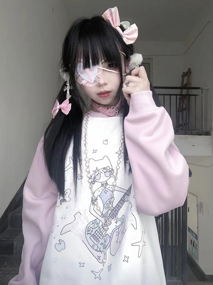 Black/Pink Colorblock Design Print Sweat Shirt