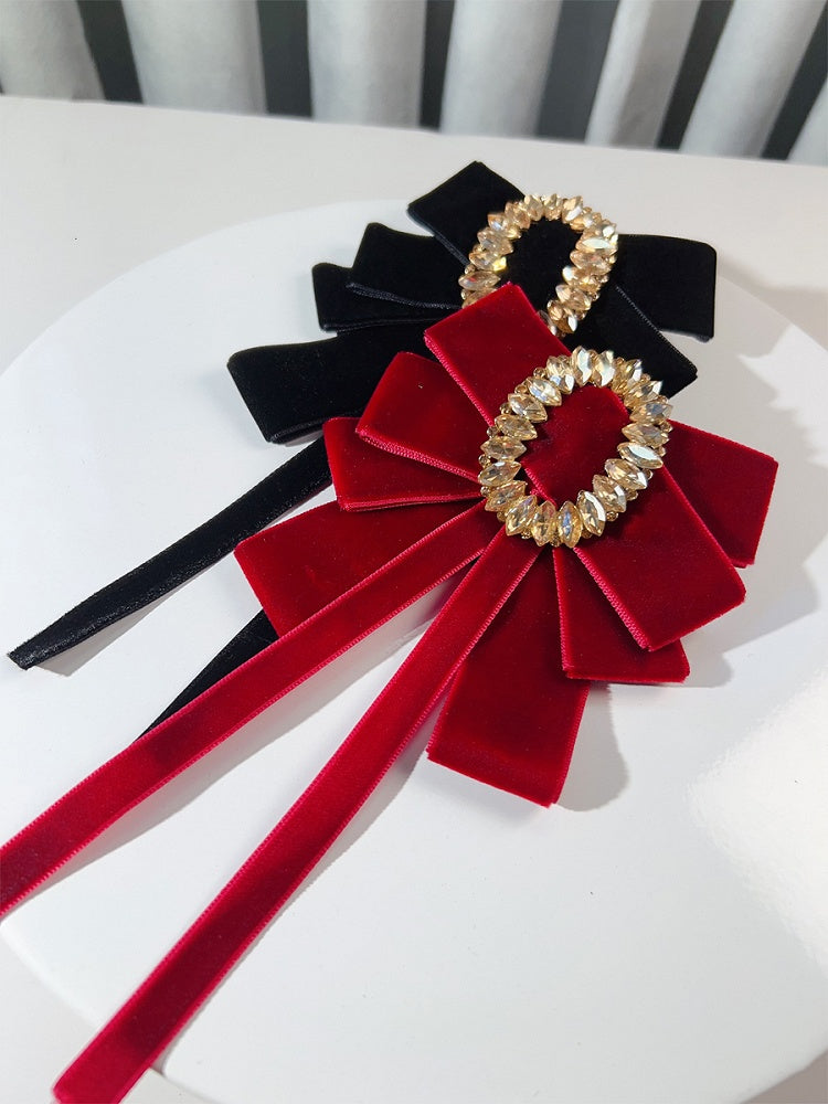 Rhinestoned Velvet Big Bow Brooch Wine Red / Black / Dark Green