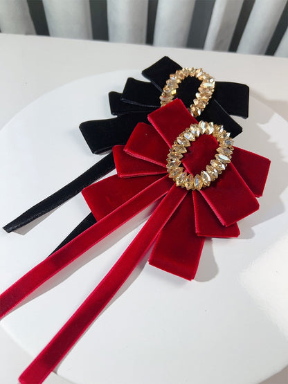 Rhinestoned Velvet Big Bow Brooch Wine Red / Black / Dark Green