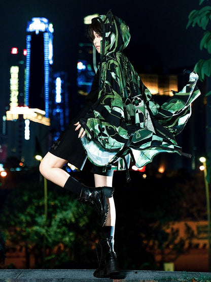 Green Cyberpunk Techwear Ouji Fashion Cat Ears Hooded Top Buckle Strappy Details