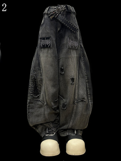 Dark Gray Letter Applique Distressed Holes Details Wide-leg Cut Jeans