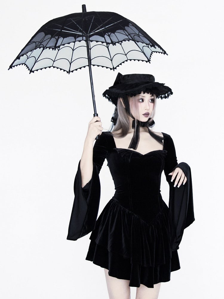 Gothic Black Velvet Bell Sleeves  Tiered Skirt Witch Dress