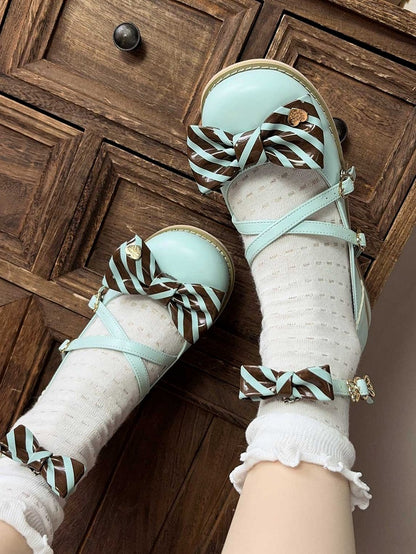 Green&Brown Striped Pattern Bow at Top Crisscross Design Heart Buckles Lolita Shoes