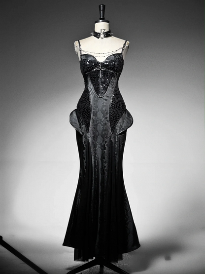 Black Victorian Bustier Bodice Spaghetti Straps Dress Evening Gown PU Leather Mermaid Dress