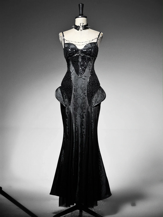 Black Victorian Bustier Bodice Spaghetti Straps Dress Evening Gown PU Leather Mermaid Dress
