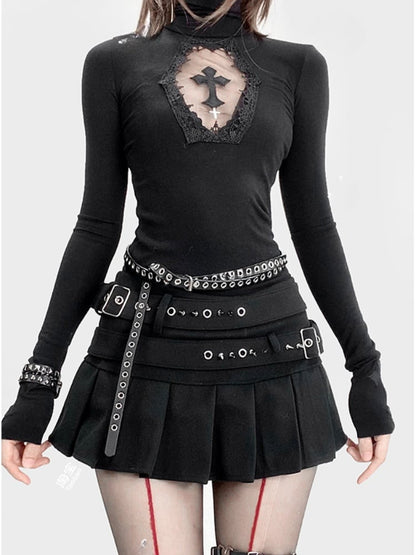 Gothic Black Y2K High Neck Cross Cutout Detail Glamorous Top
