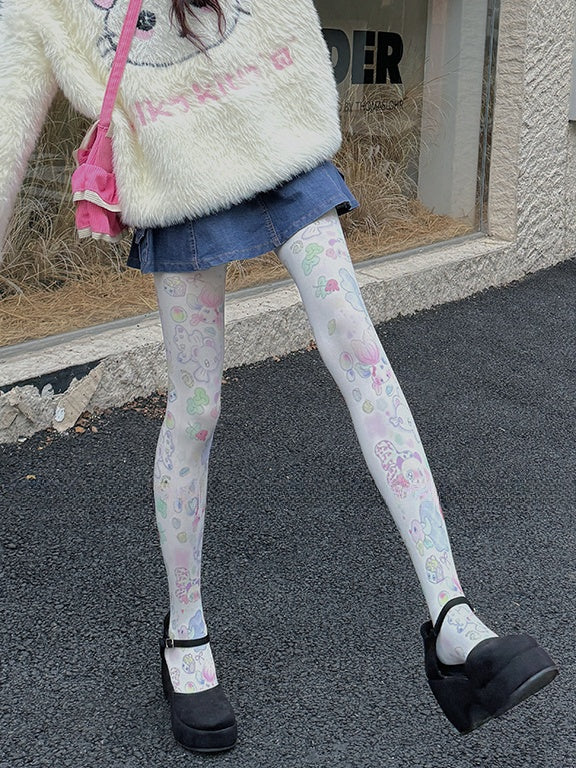White Sweet Goldfish Print Cartoon Tights