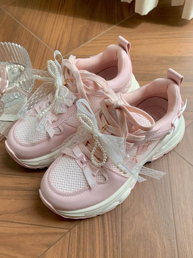 Pink Beaded Decorated Bowknot Details Front Lace-up Ties Sneakers